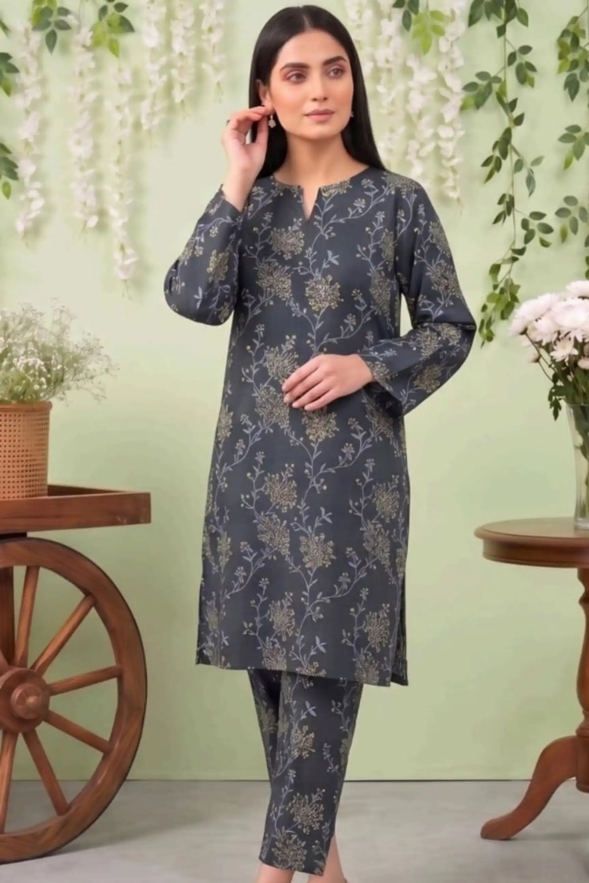2 Piece- Sohni Dharti Unstitched Charcoal  Ladies Lawn Suit
