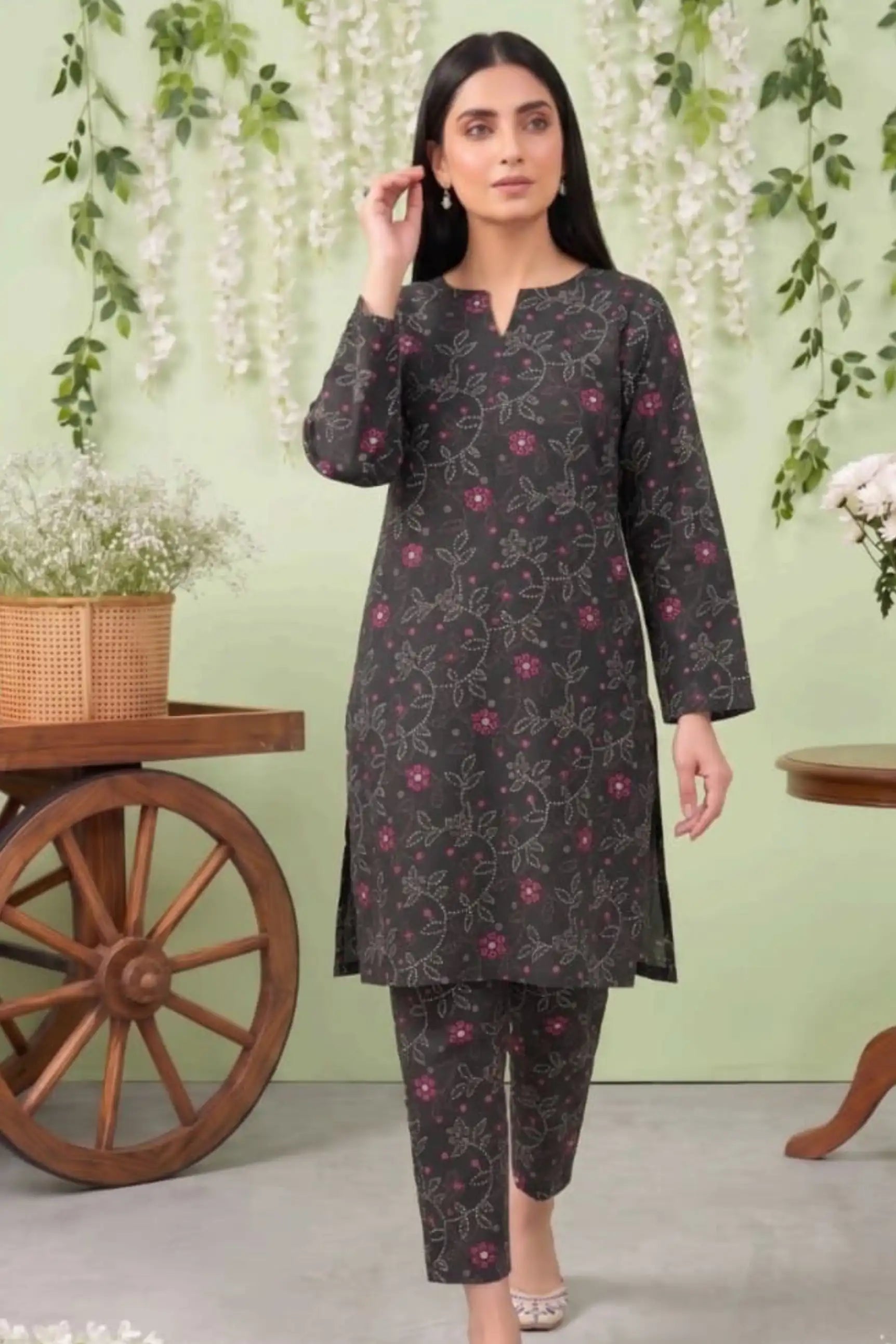 2 Piece- Sohni Dharti Unstitched Black Ladies Lawn Suit