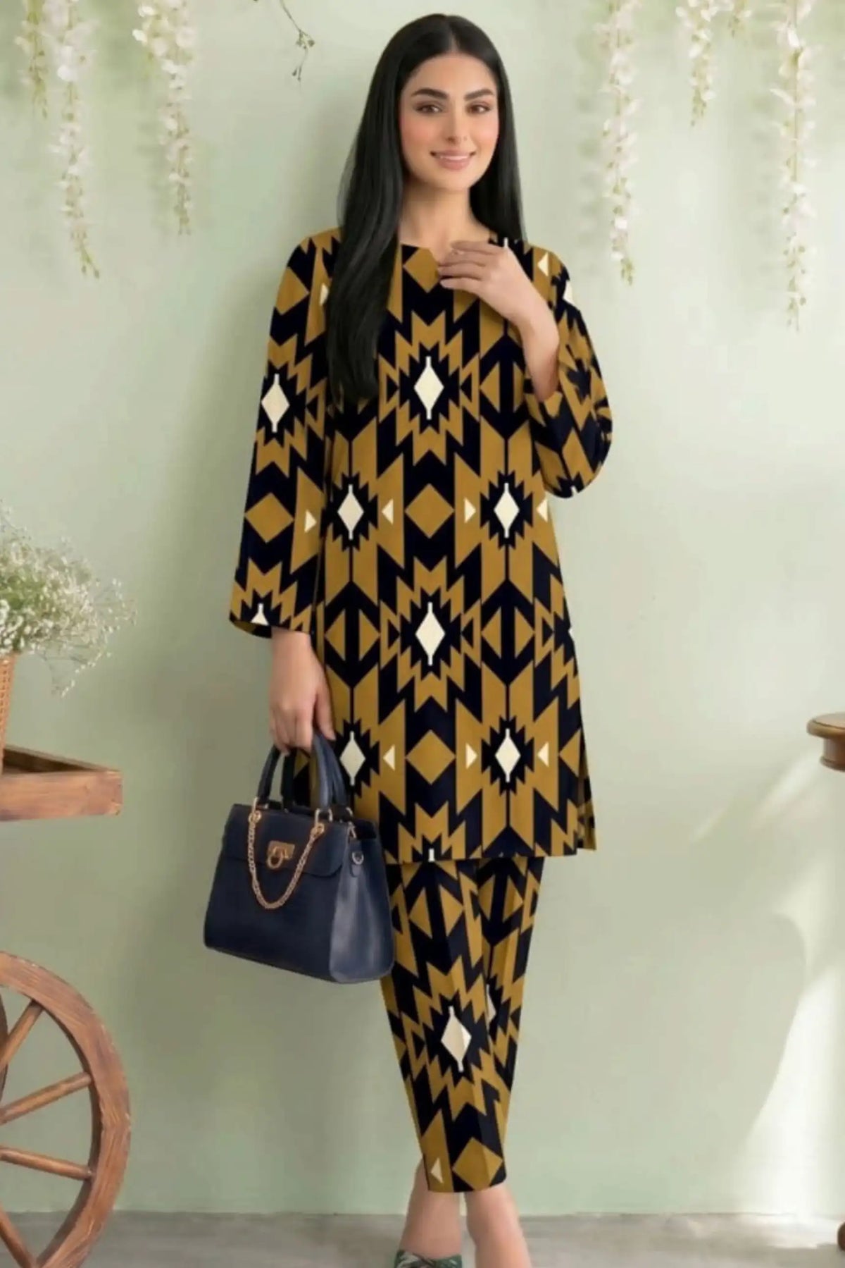 2 Piece- Sohni Dharti Unstitched Mustard Black Ladies Lawn Suit