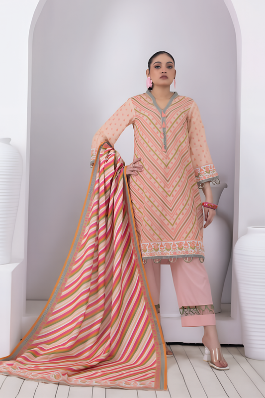 3 Pieces - Regalia Stitched Peach Printed Khaddar Suit