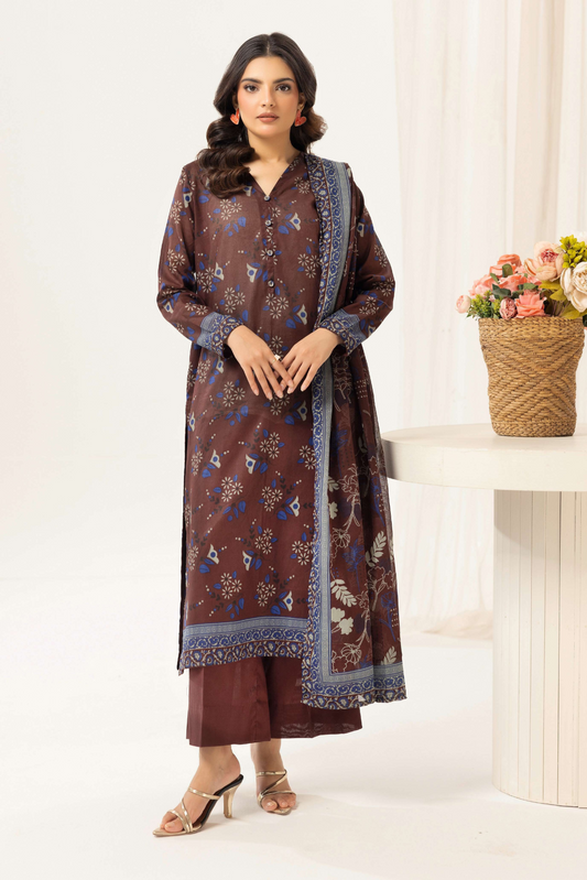 3 Pieces - Haya By Legends Unstitched Chocolate Printed Lawn Suit