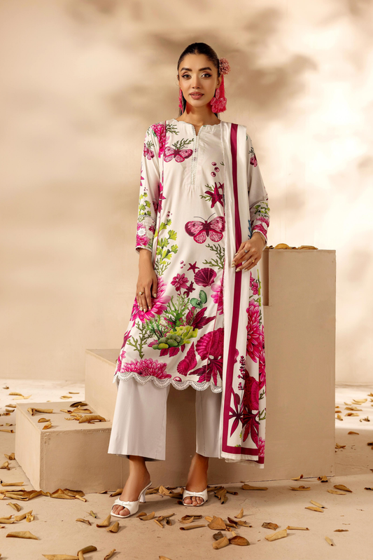 3 Pieces - Rangreza Unstitched Off White Printed Linen Suit