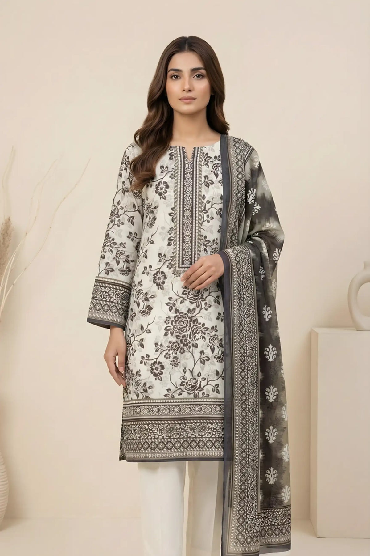 3 Pieces - Marooj Unstitched Off White Transliminor Magic Print Lawn Suit