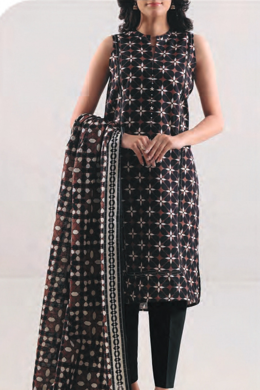 3 Pieces - Saya Unstitched Black Printed Khaddar Suit
