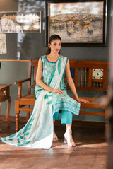 3 Pieces - Regalia Unstitched Green Bana Dora Lawn Suit