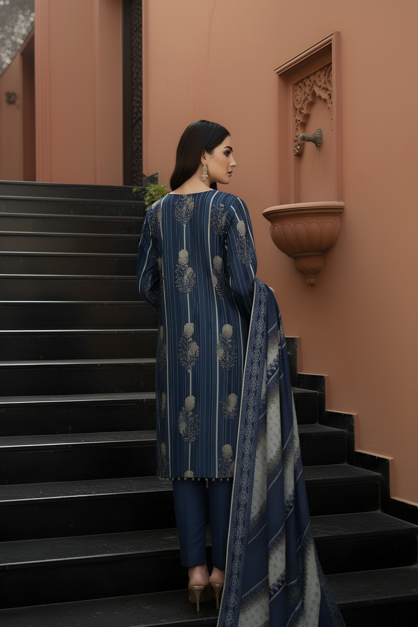 3 Pieces - Marooj Unstitched Dark Blue Printed Khaddar Suit