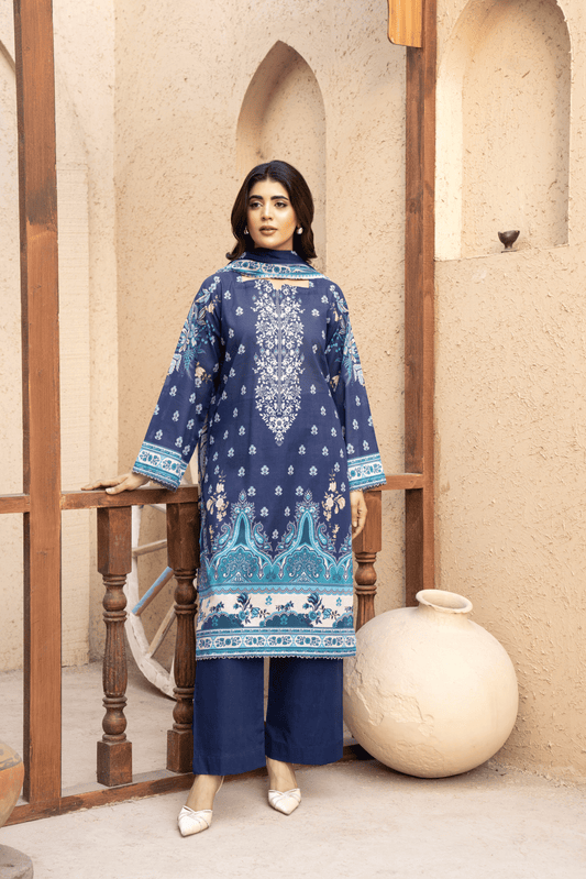 3 Piece - Gold Unstitched Blue Printed Lawn Suit