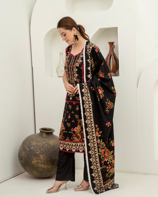 3 Pieces - Marooj Unstitched Black BanaDora Linen Suit