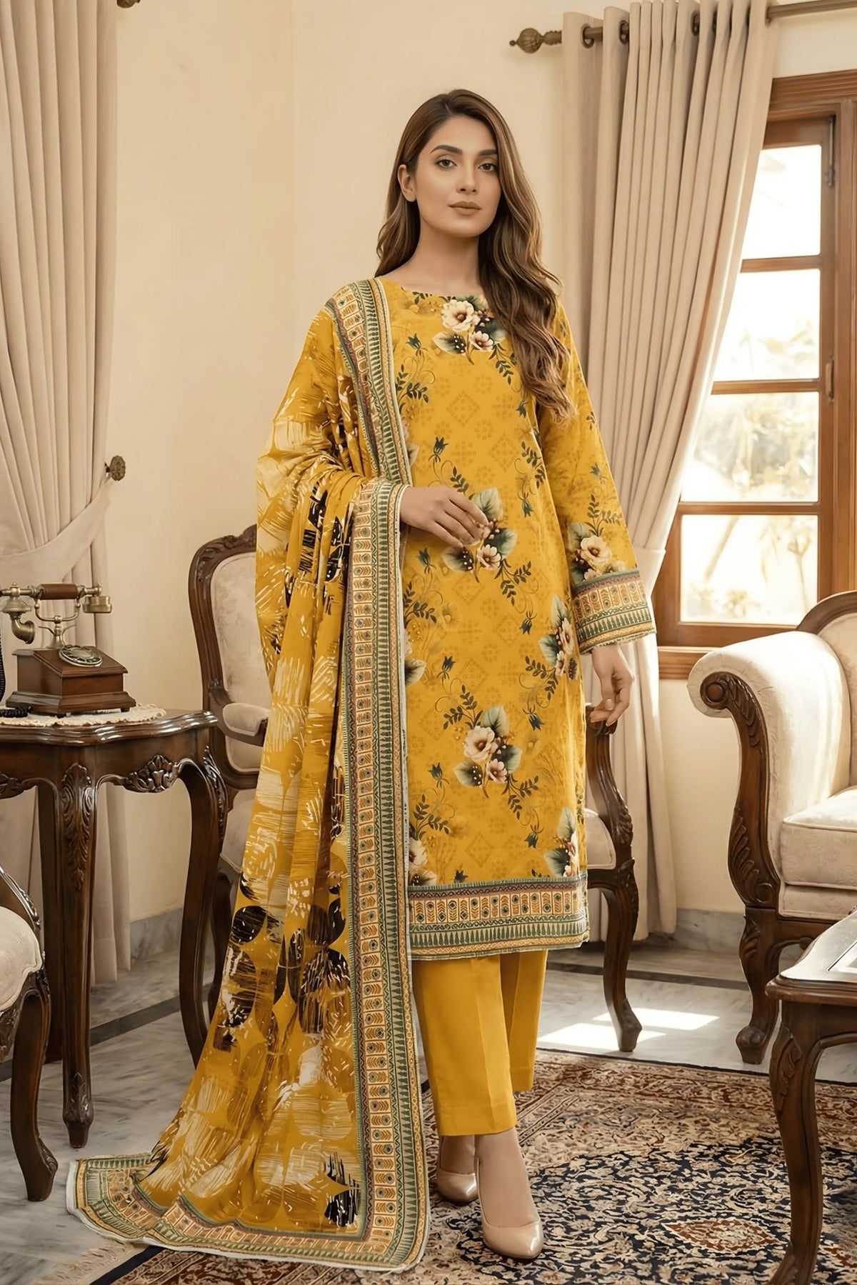 3 Pieces - Arfa Unstitched Mustard Chamki Print Lawn Suit