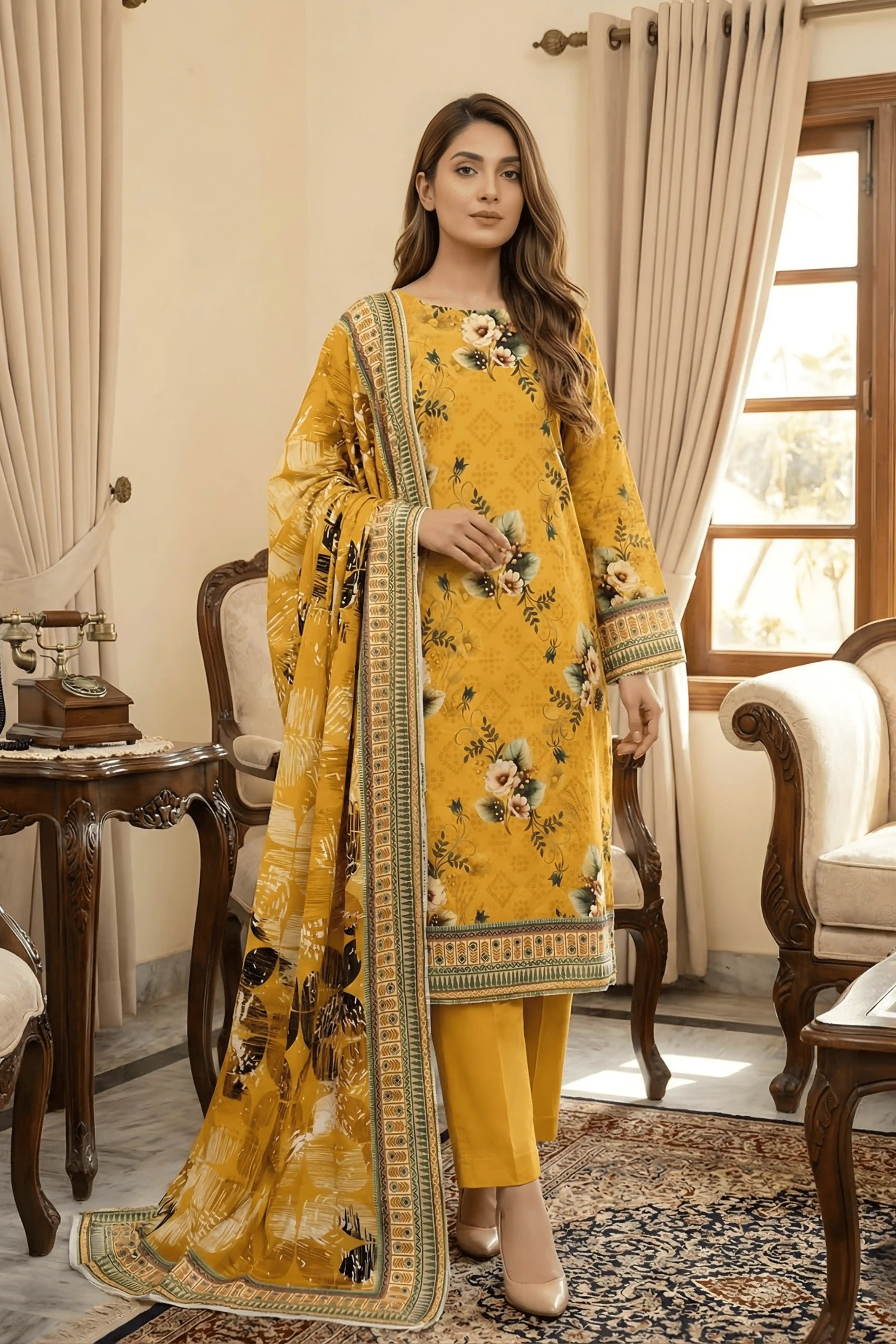 3 Pieces - Arfa Unstitched Mustard Chamki Print Lawn Suit