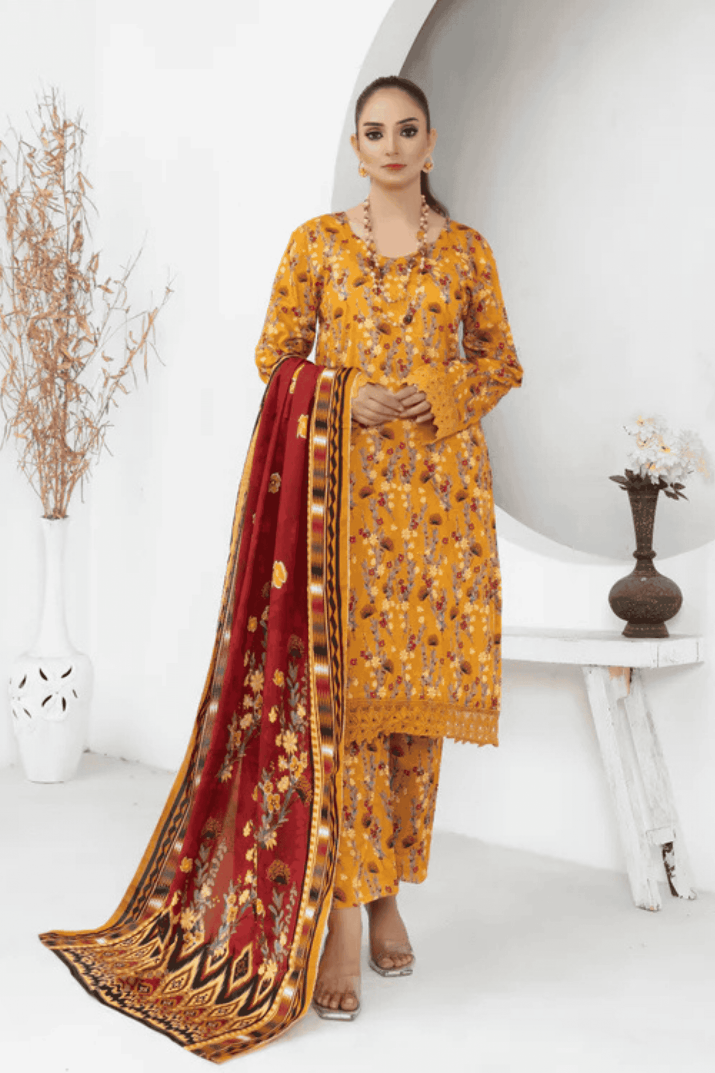 3 Piece - Mahi Unstitched Yellow Ladies Print Lawn Suit