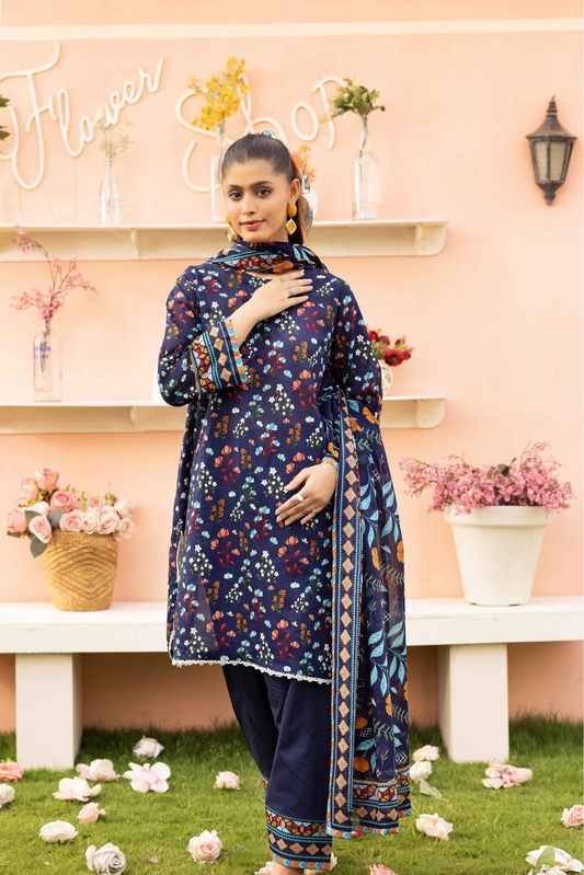 3 Pieces - Haya By Legends Unstitched Dark Blue Printed Lawn Suit