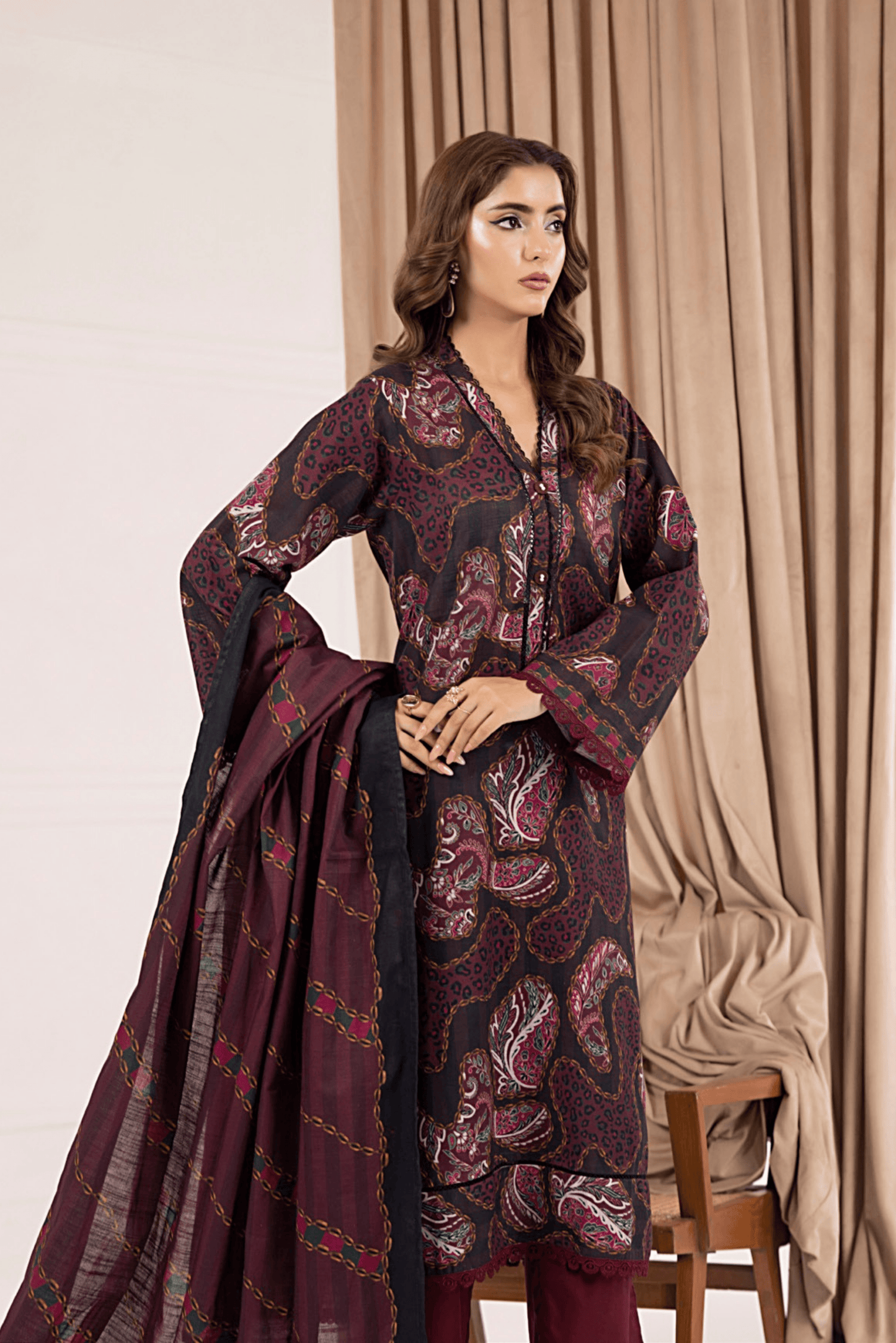3 Pieces - Regalia Unstitched Maroon Printed Khaddar Suit