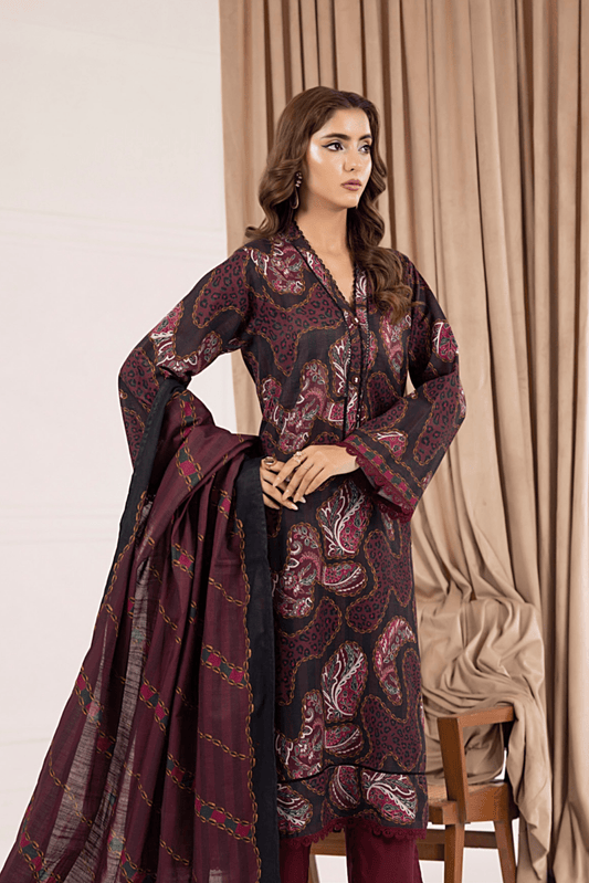 3 Pieces - Regalia Unstitched Maroon Printed Khaddar Suit