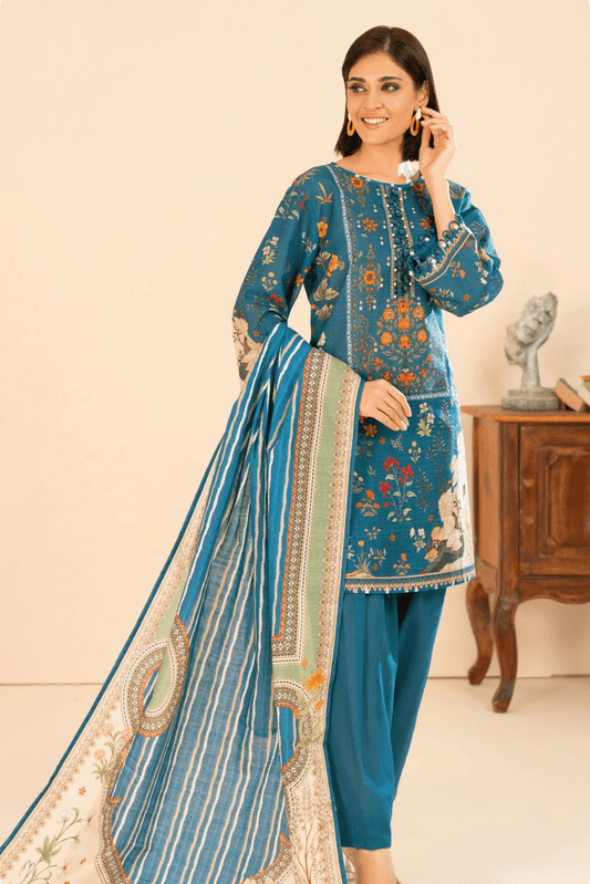 3 Pieces - GulAhmed Unstitched Blue Printed Khaddar Suit