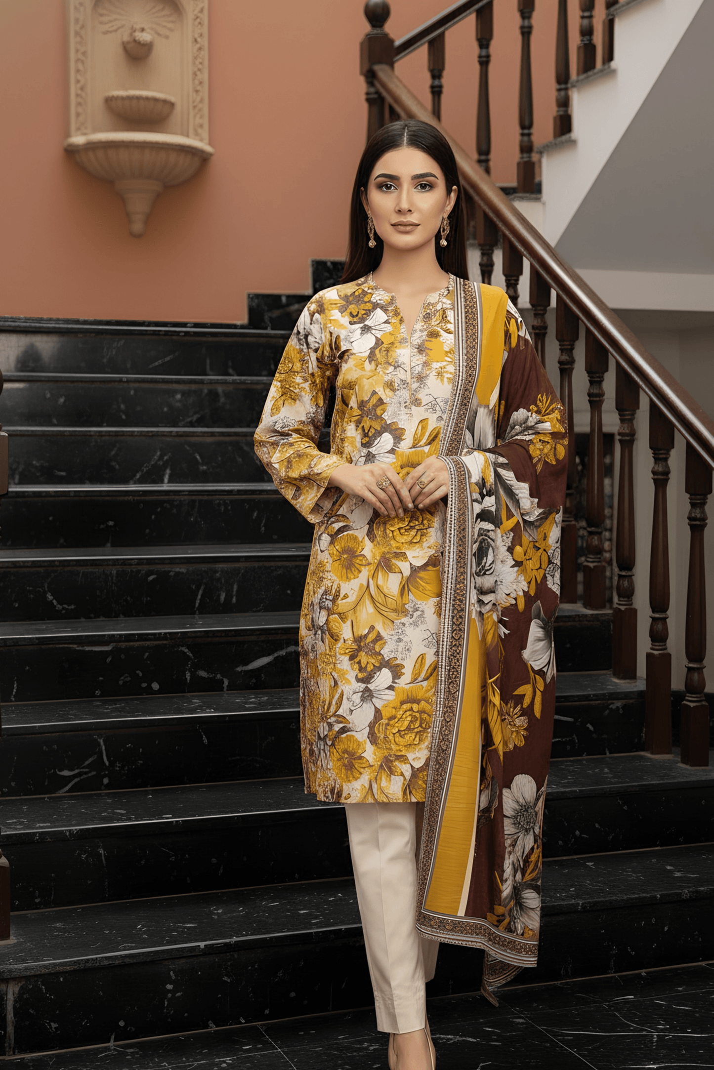 3 Pieces - Marooj Unstitched Off-White Printed Khaddar Suit
