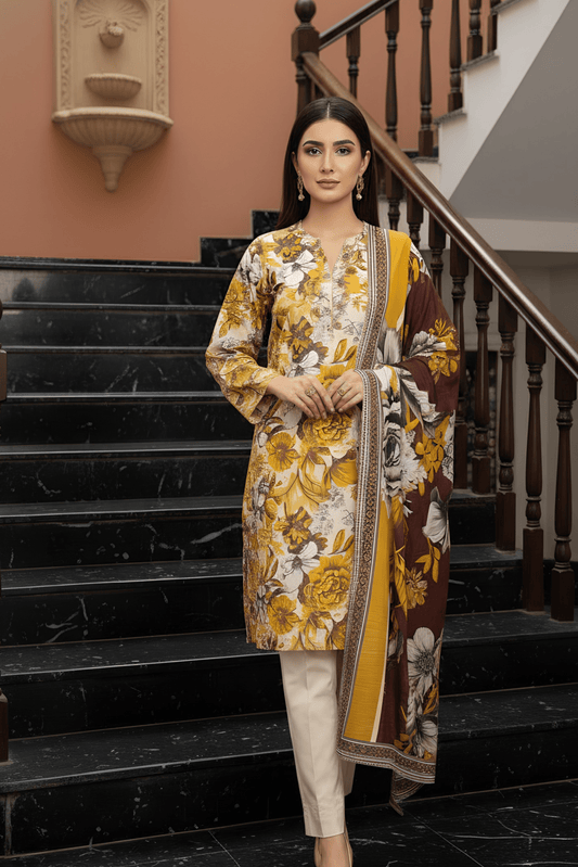 3 Pieces - Marooj Unstitched Off-White Printed Khaddar Suit