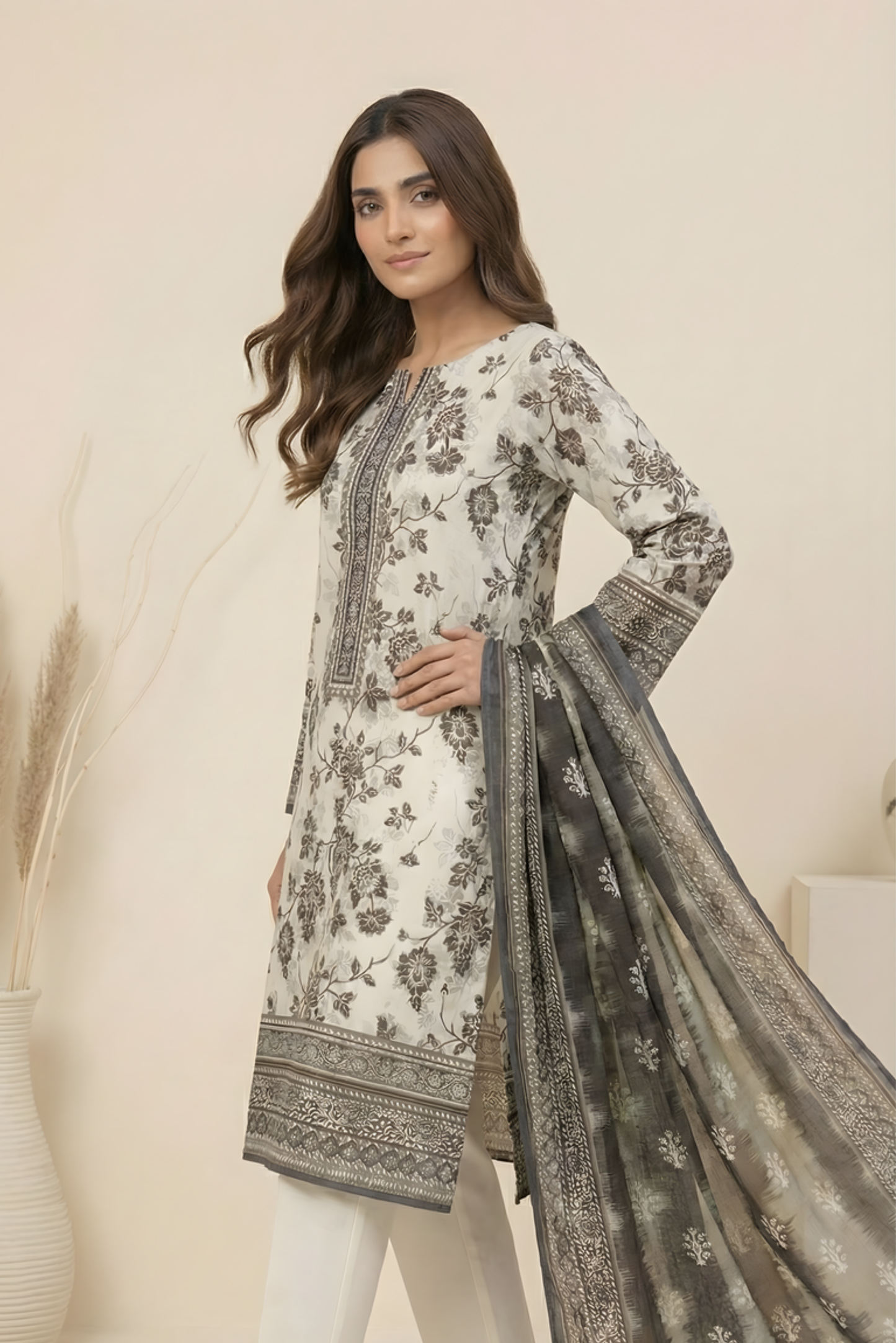 3 Pieces - Marooj Unstitched Off White Transliminor Magic Print Lawn Suit