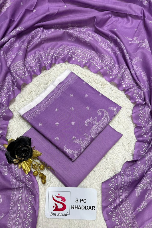 3 Pieces - Bin Saeed Unstitched Light Purpe Ladies Printed Khaddar Suit
