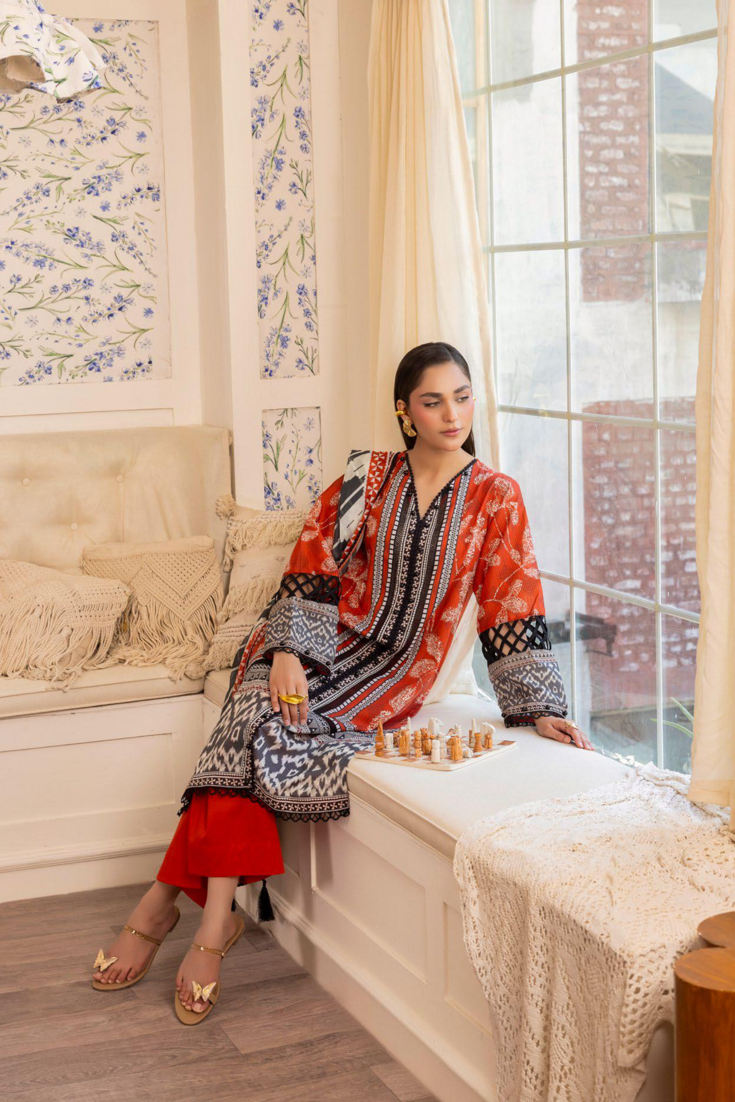 3 Pieces - GulAhmad Unstitched Red Printed Lawn Suit