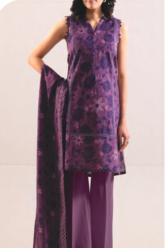 3 Pieces - Saya Unstitched Purple Printed Khaddar Suit