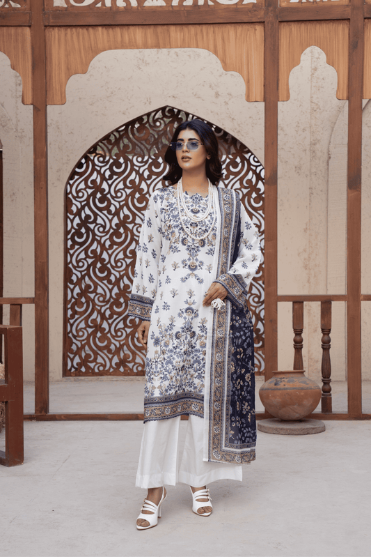 3 Piece - Gold Unstitched White Printed Lawn Suit