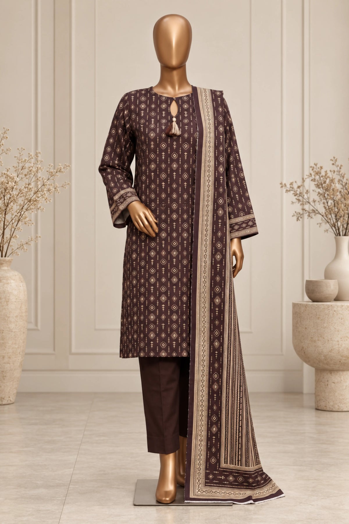 3 Pieces - Rijja By Murashe Unstitched Maroon Ladies Printed  Khaddar Suit