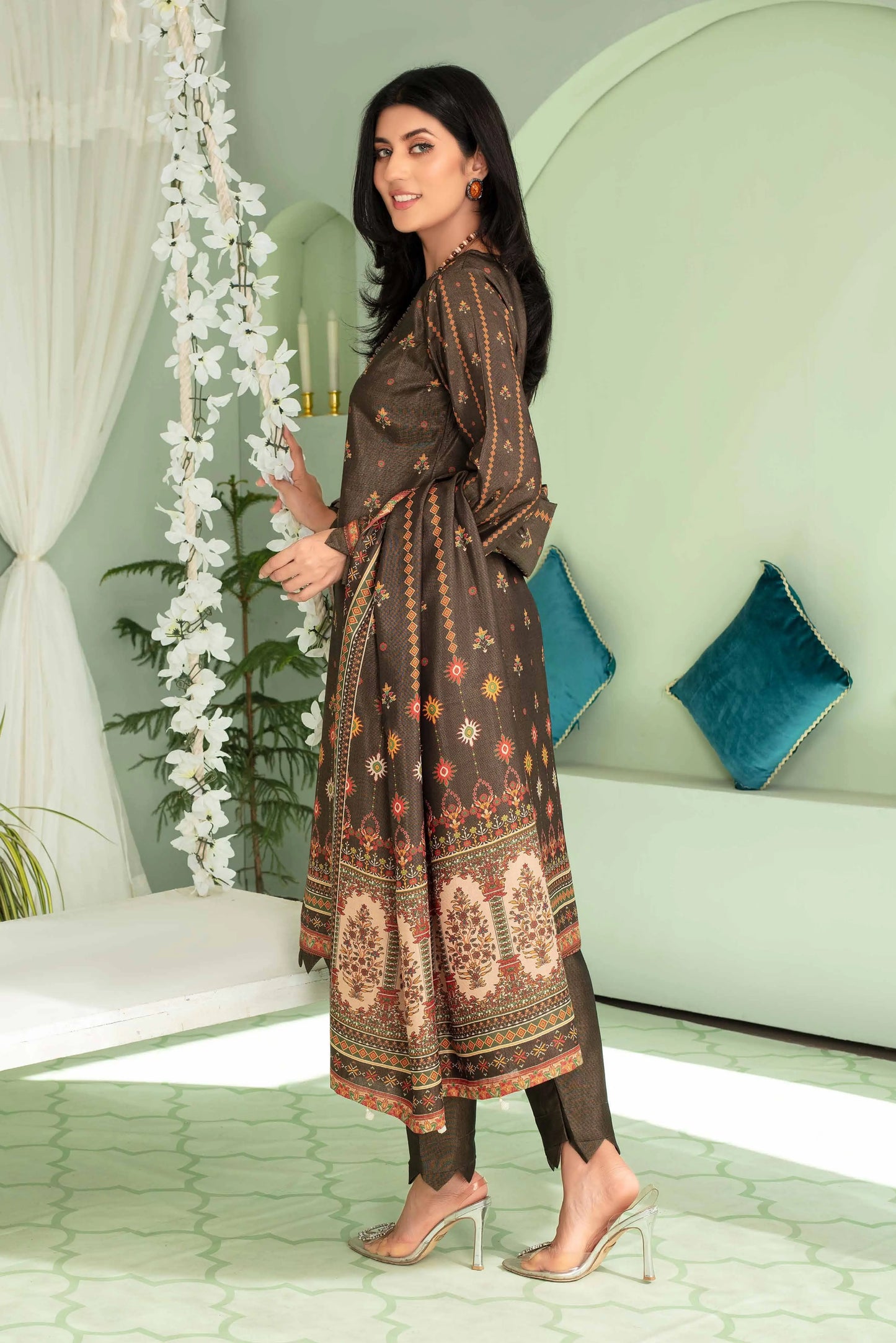 3 Pieces - Aizal Unstitched Brown Printed Shamray Linen Suit