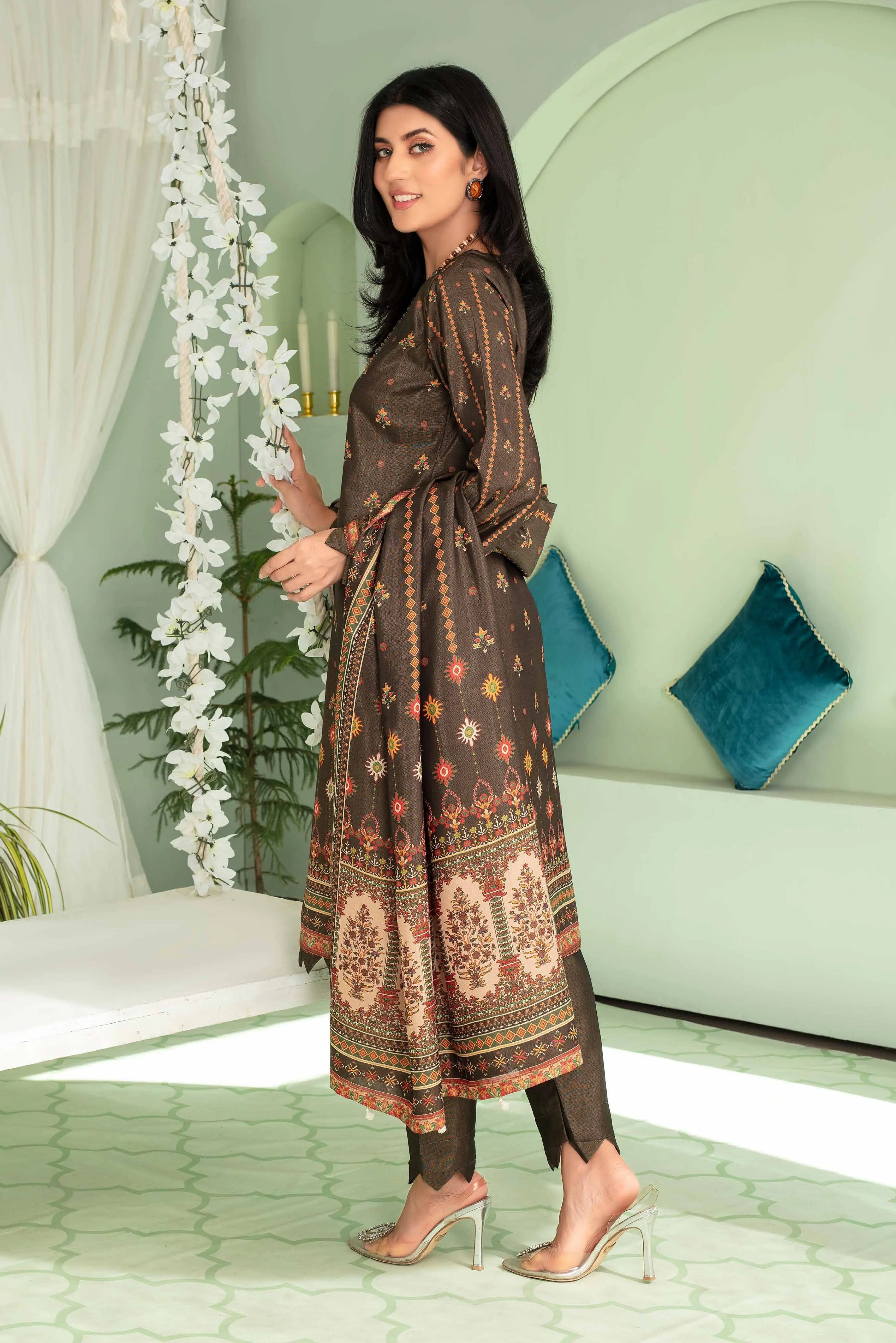 3 Pieces - Aizal Unstitched Brown Printed Shamray Linen Suit