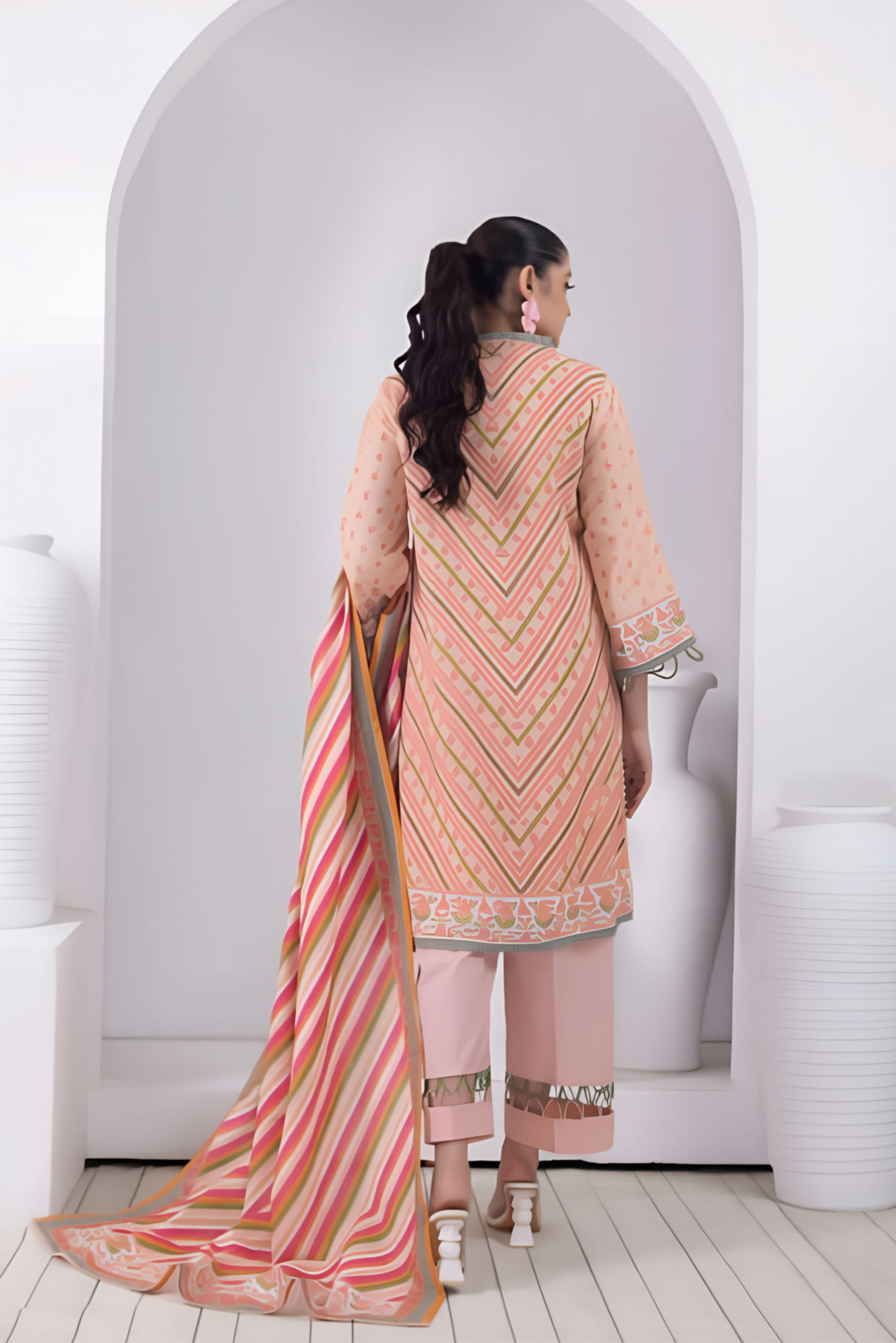 3 Pieces - Regalia Stitched Peach Printed Khaddar Suit