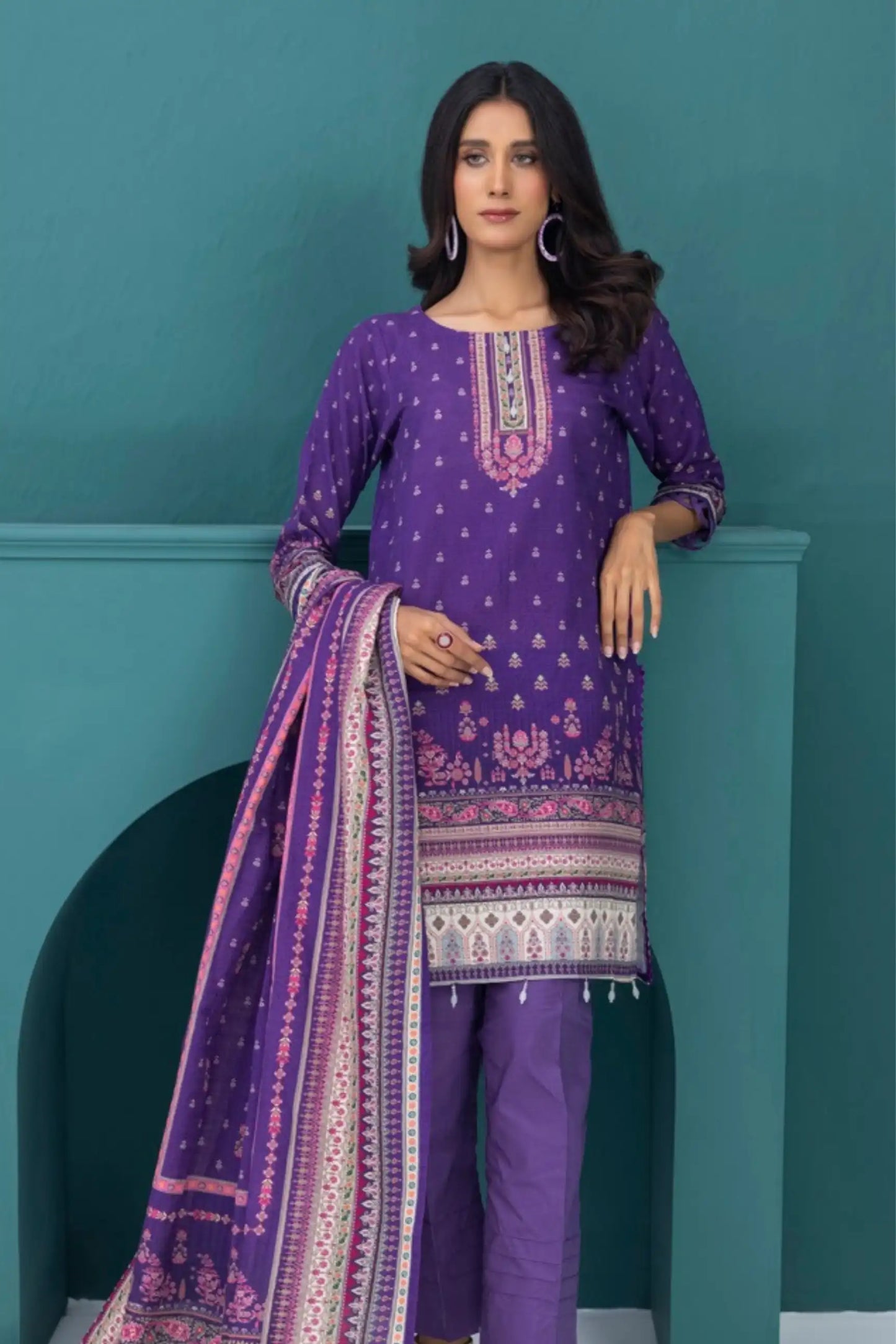 3 Pieces - Regalia Stitched Light Purple  Printed Khaddar Suit