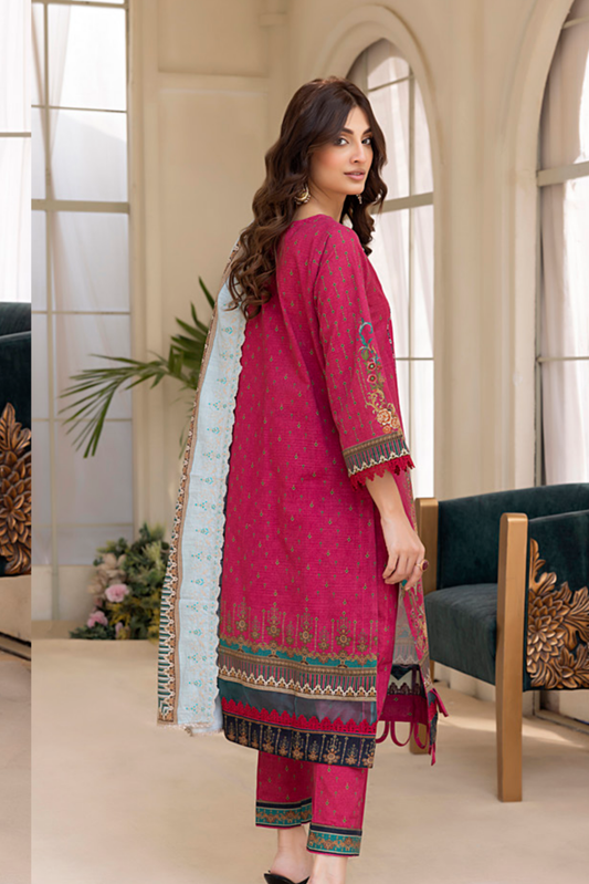 3 Pieces - Regalia Stitched Redish Pink Embroidered Khaddar Suit