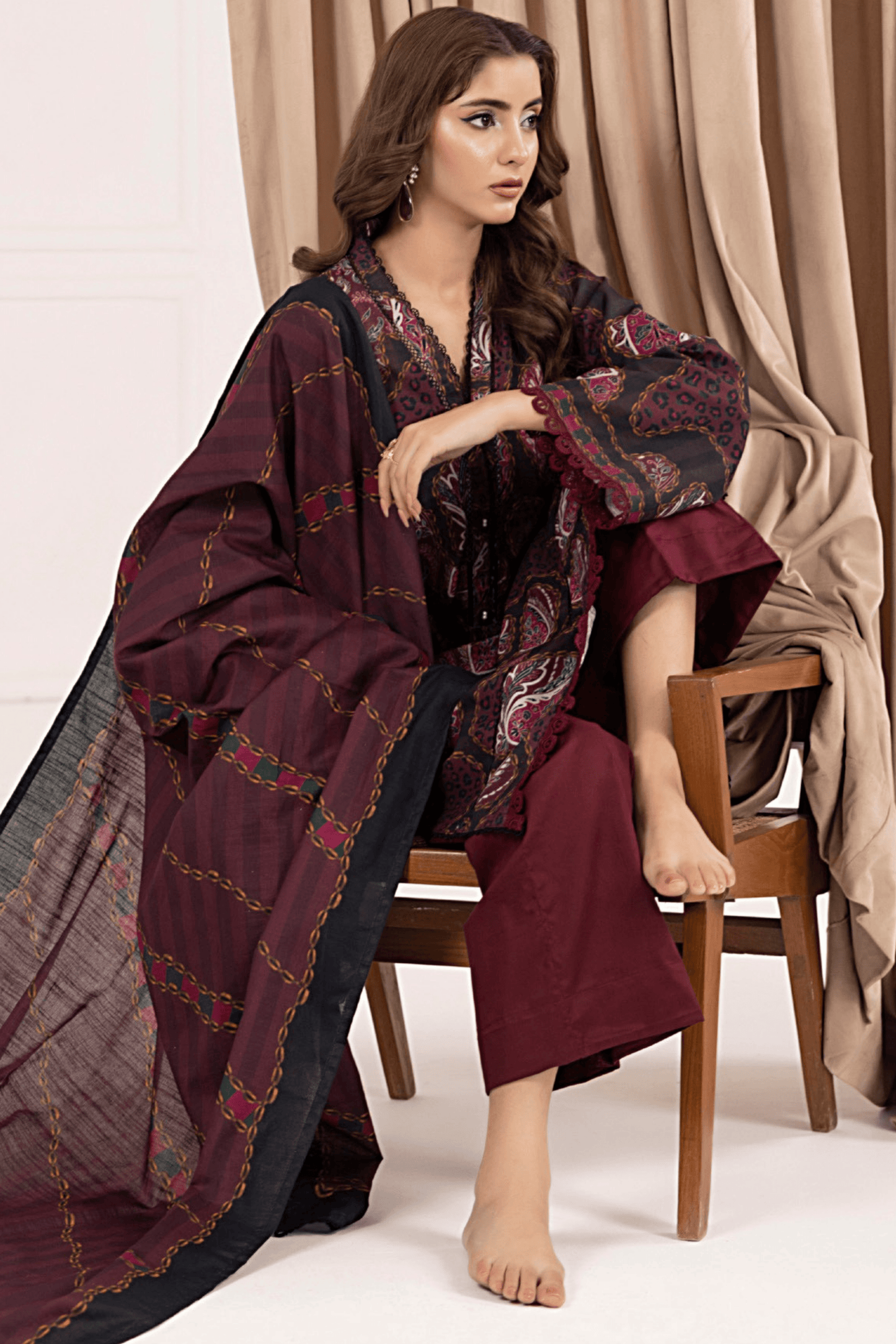 3 Pieces - Regalia Unstitched Maroon Printed Khaddar Suit