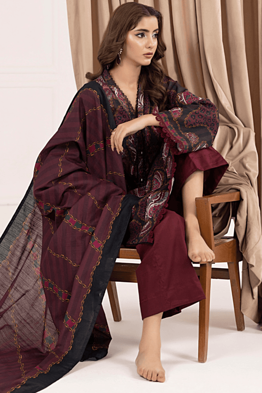3 Pieces - Regalia Unstitched Maroon Printed Khaddar Suit