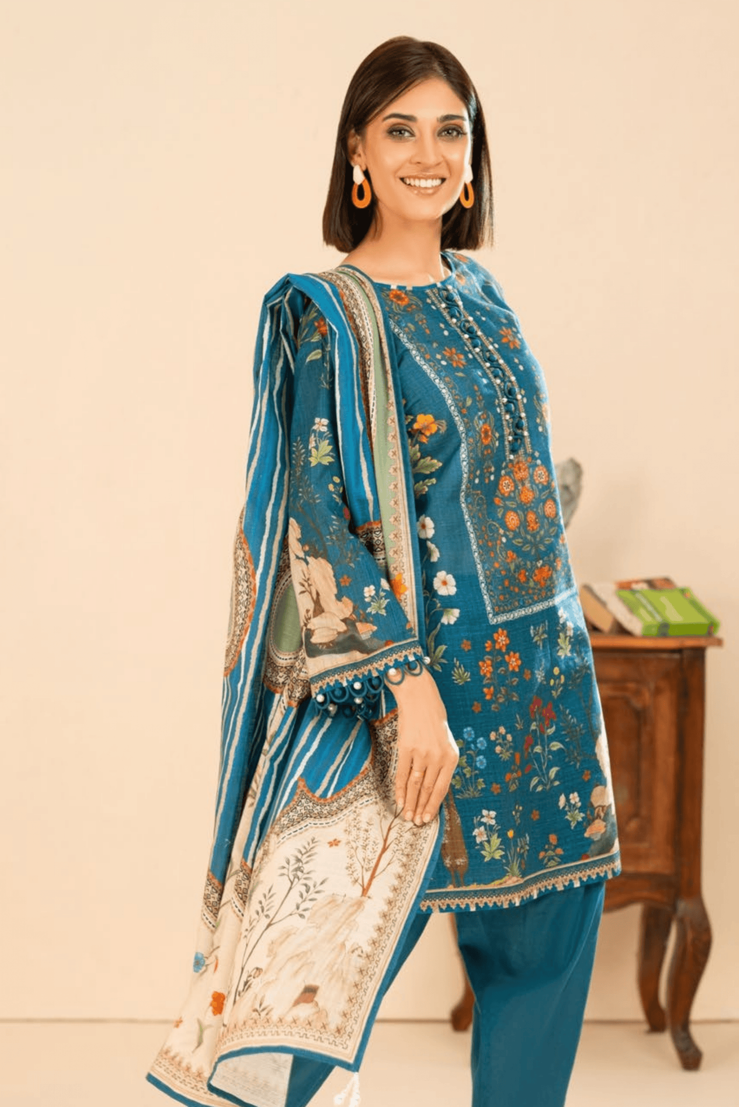 3 Pieces - GulAhmed Unstitched Blue Printed Khaddar Suit