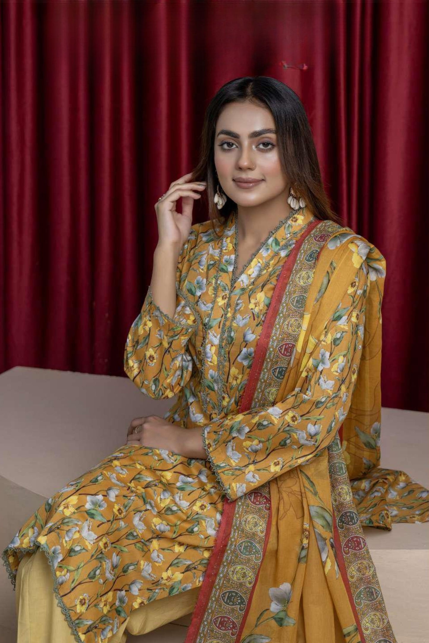 3 Pieces - B&C Unstitched Yellow Printed Lawn Suit
