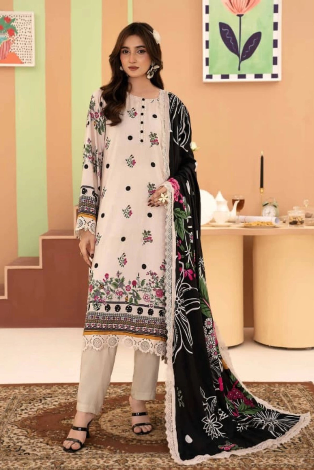 3 Pieces - Raabi  Unstitched Skin Printed Ladies Linen Suit