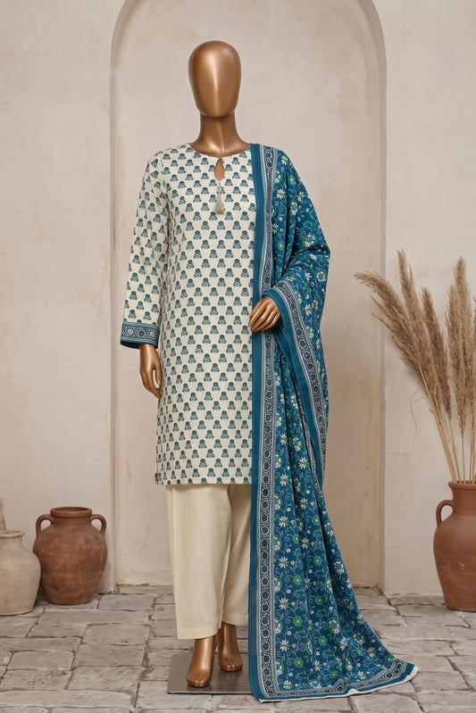 3 Pieces - Rijja By Murashe Unstitched OFF-White Ladies Printed  Khaddar Suit