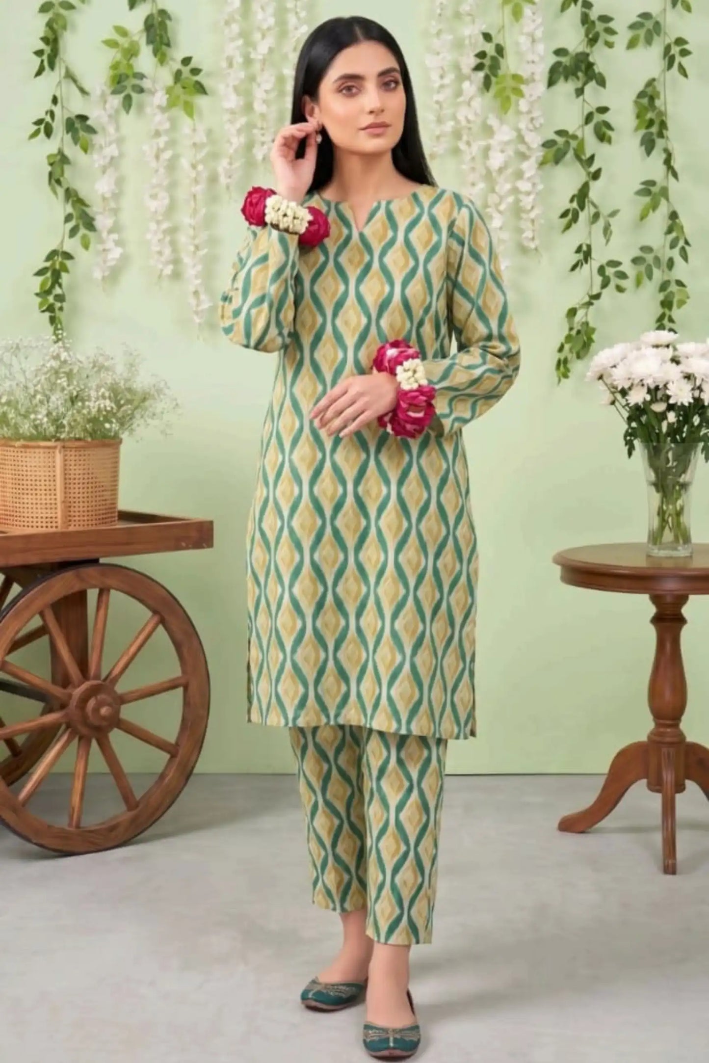 2 Piece- Sohni Dharti Unstitched Green And Skin Ladies Lawn Suit