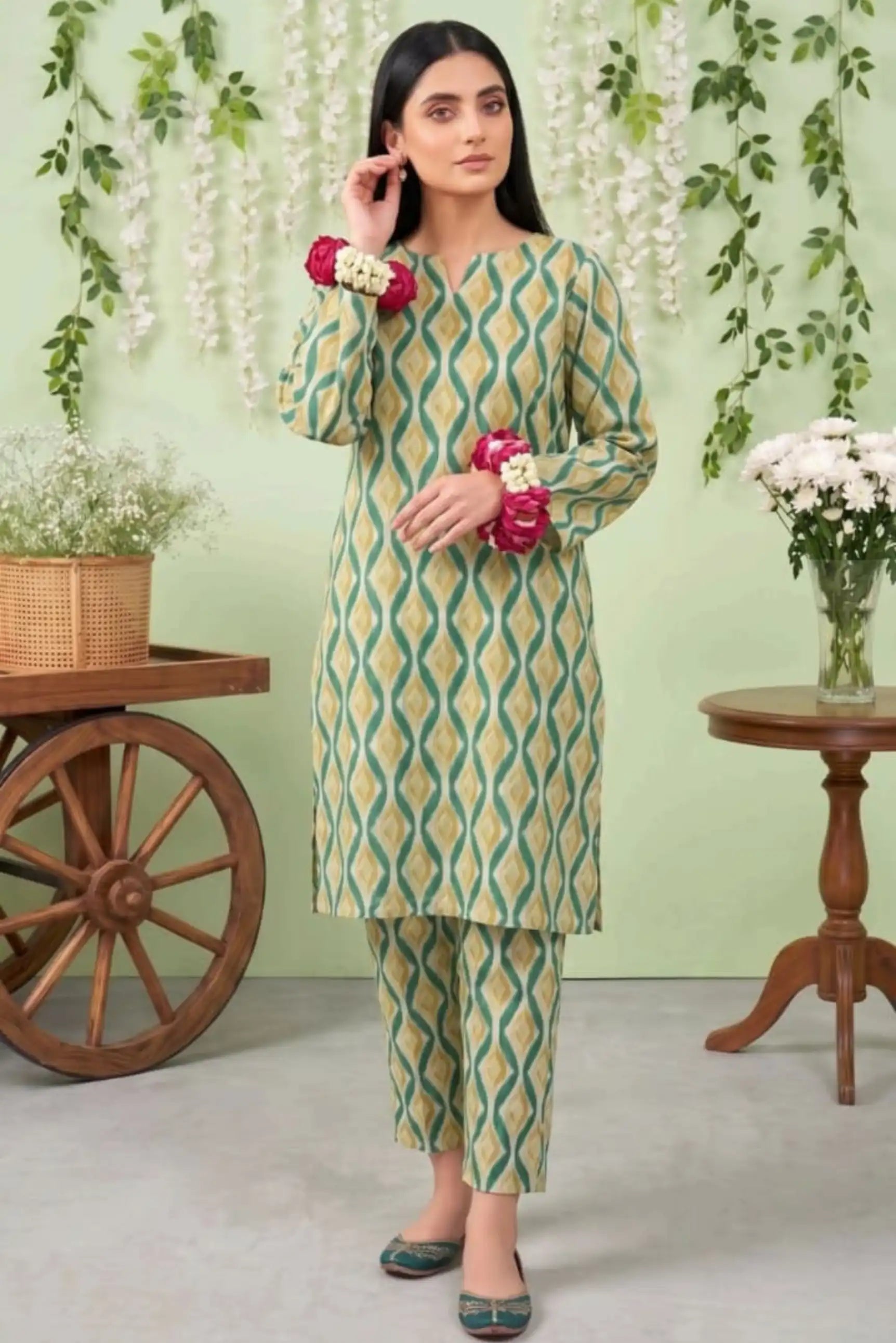2 Piece- Sohni Dharti Unstitched Green And Skin Ladies Lawn Suit