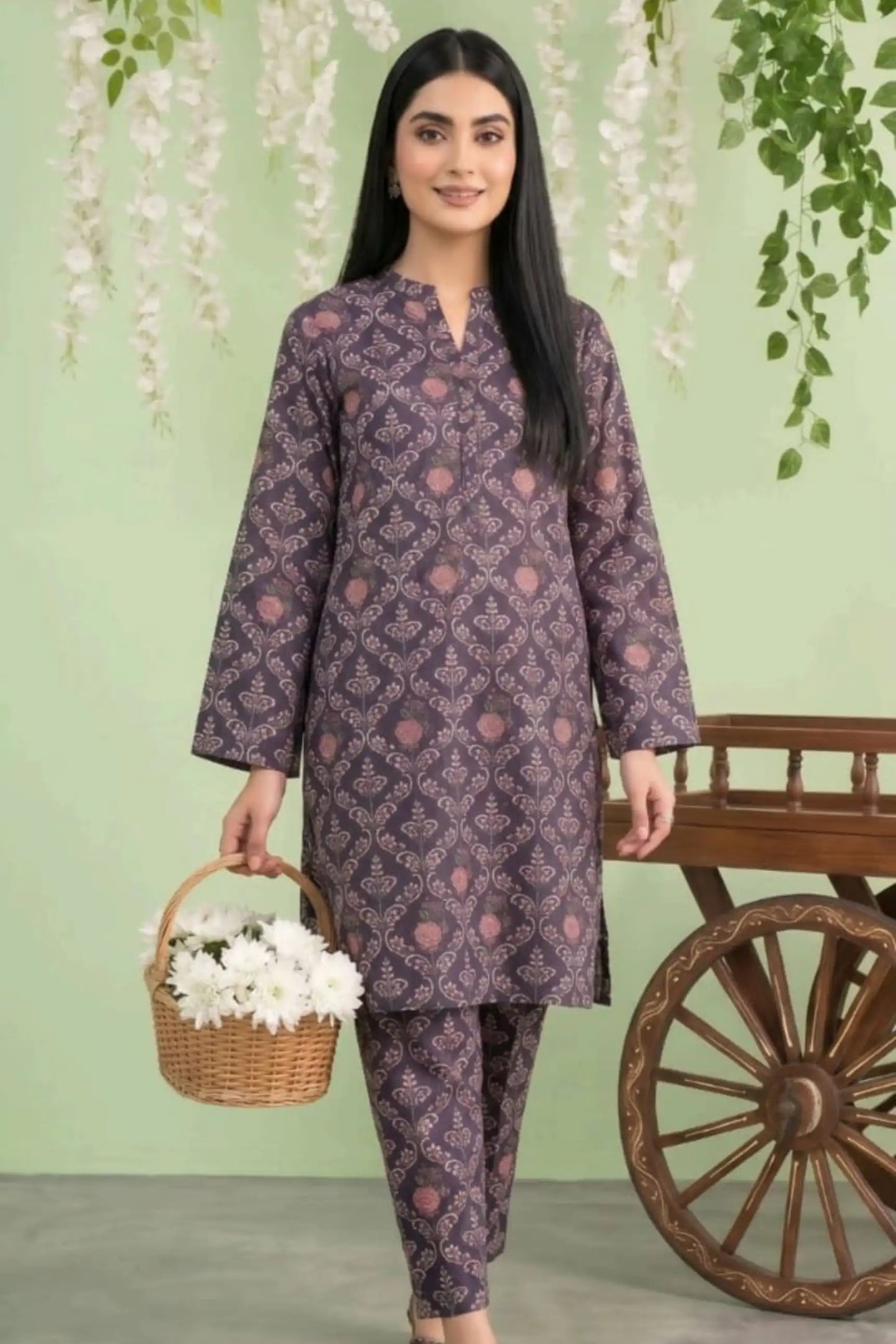 2 Piece- Sohni Dharti Unstitched Chocolate Brown Ladies Lawn Suit