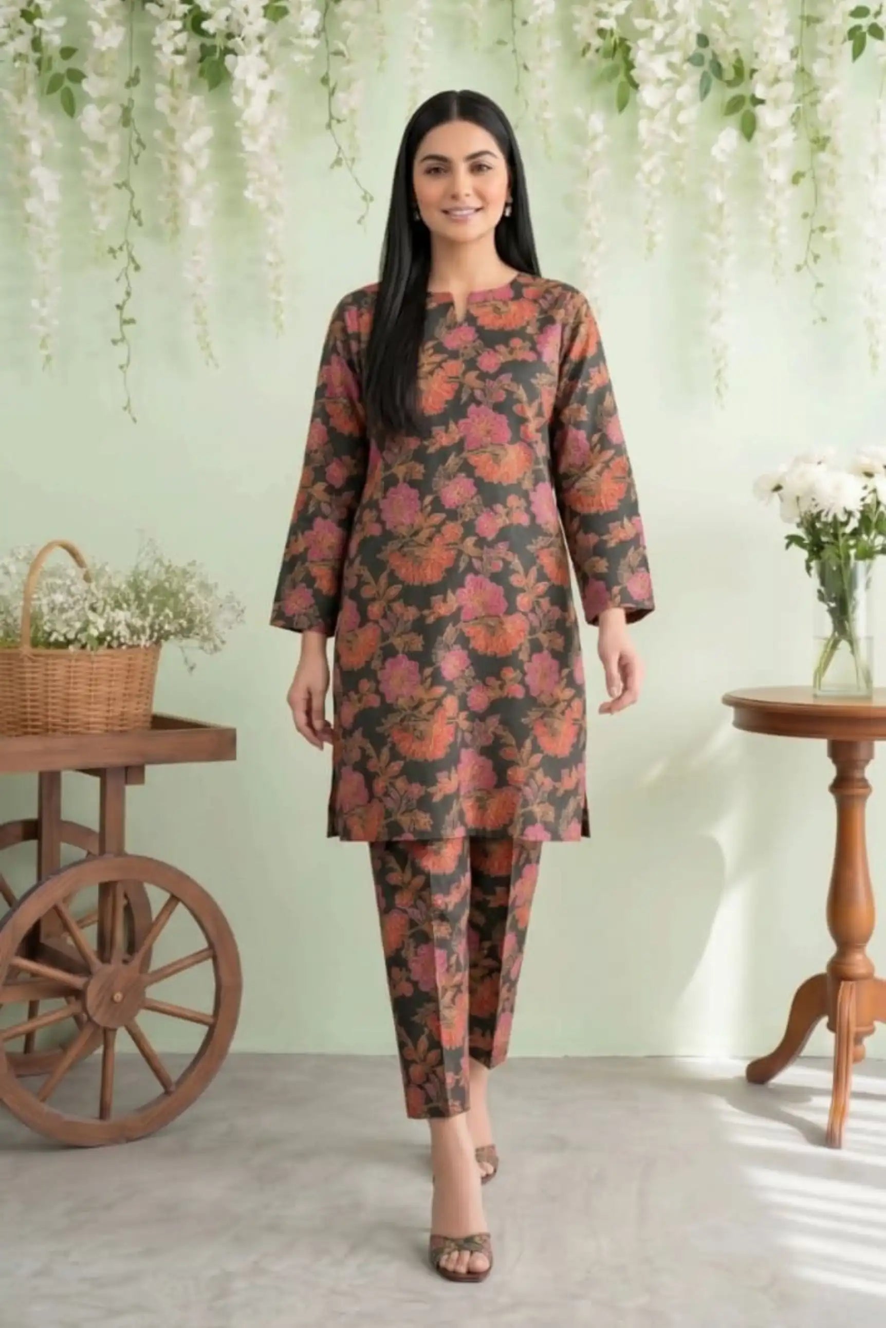 2 Piece- Sohni Dharti Unstitched Black Ladies Lawn Suit