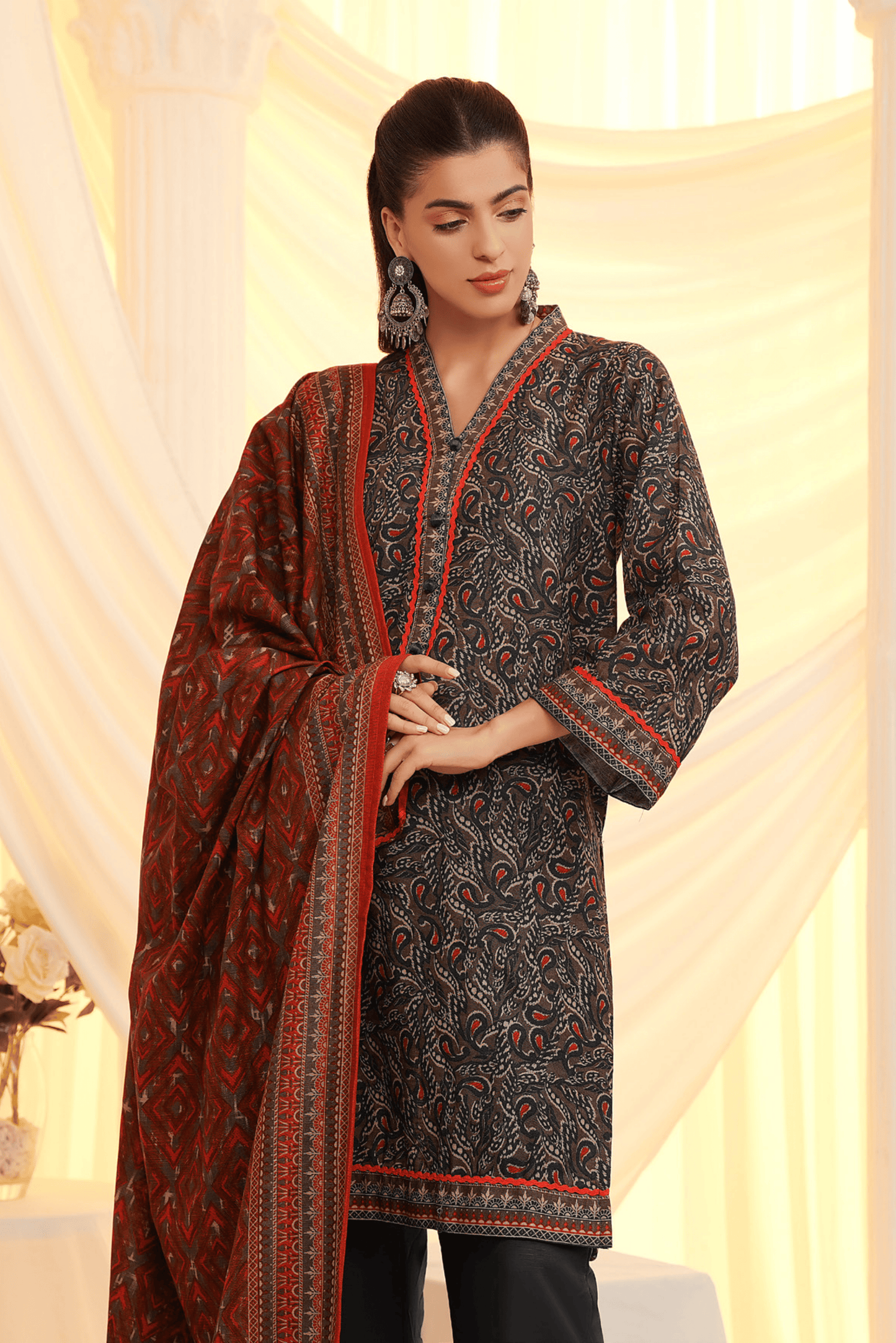 3 Pieces - Regalia Unstitched Mehandi Printed Khaddar Suit
