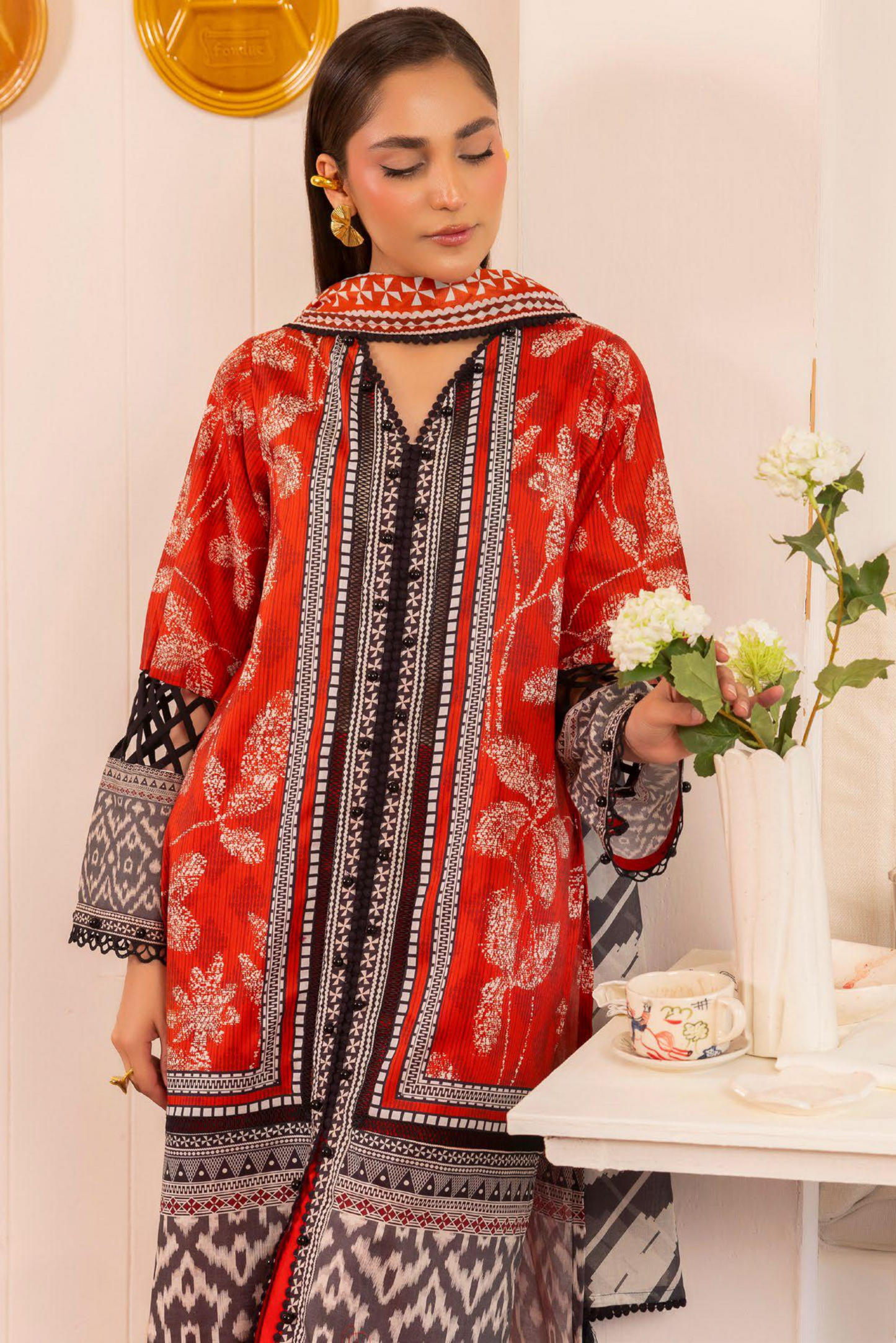 3 Pieces - GulAhmad Unstitched Red Printed Lawn Suit