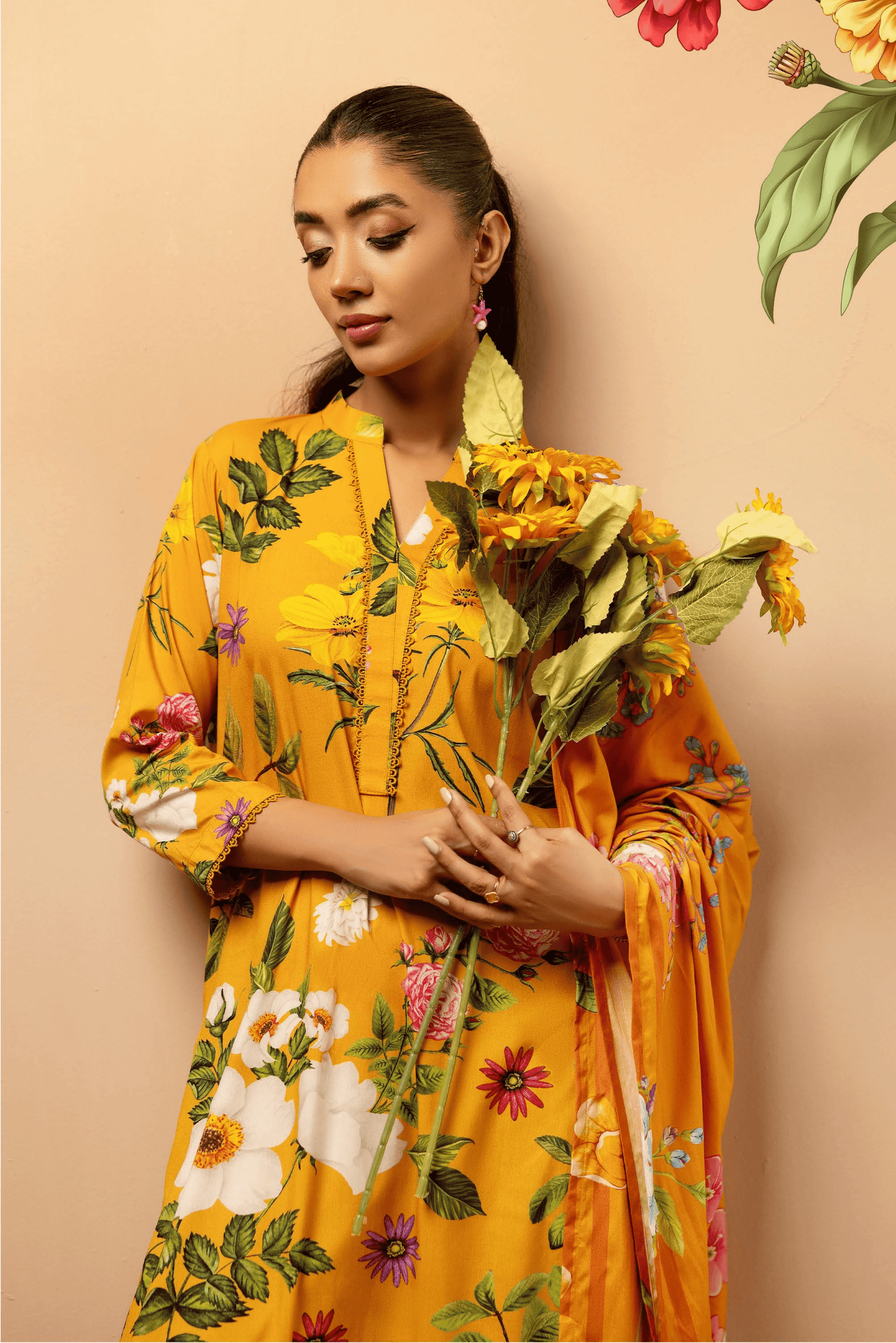 3 Pieces - Rangreza Unstitched Yellow Printed Linen Suit
