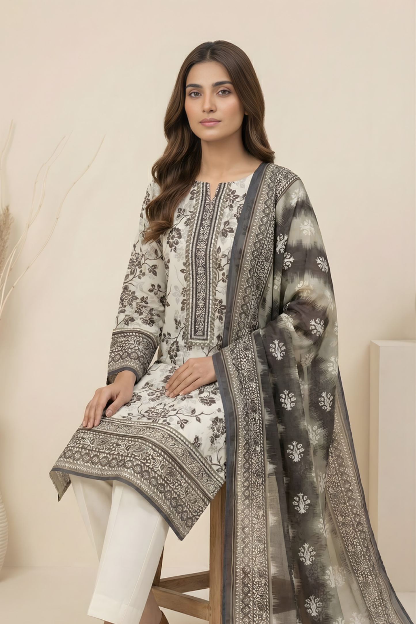 3 Pieces - Marooj Unstitched Off White Transliminor Magic Print Lawn Suit
