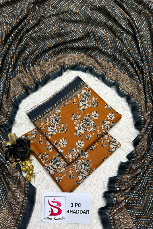 3 Pieces - Bin Saeed Unstitched Mustard Ladies Printed Khaddar Suit