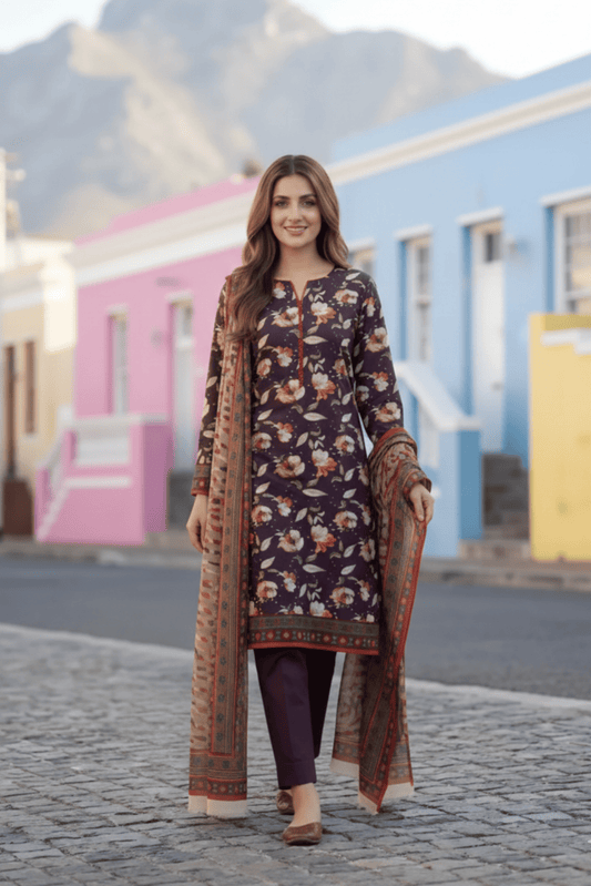 3 Pieces - Sohni Dharti Unstitched Purple Transliminar Magic Print Lawn Suit