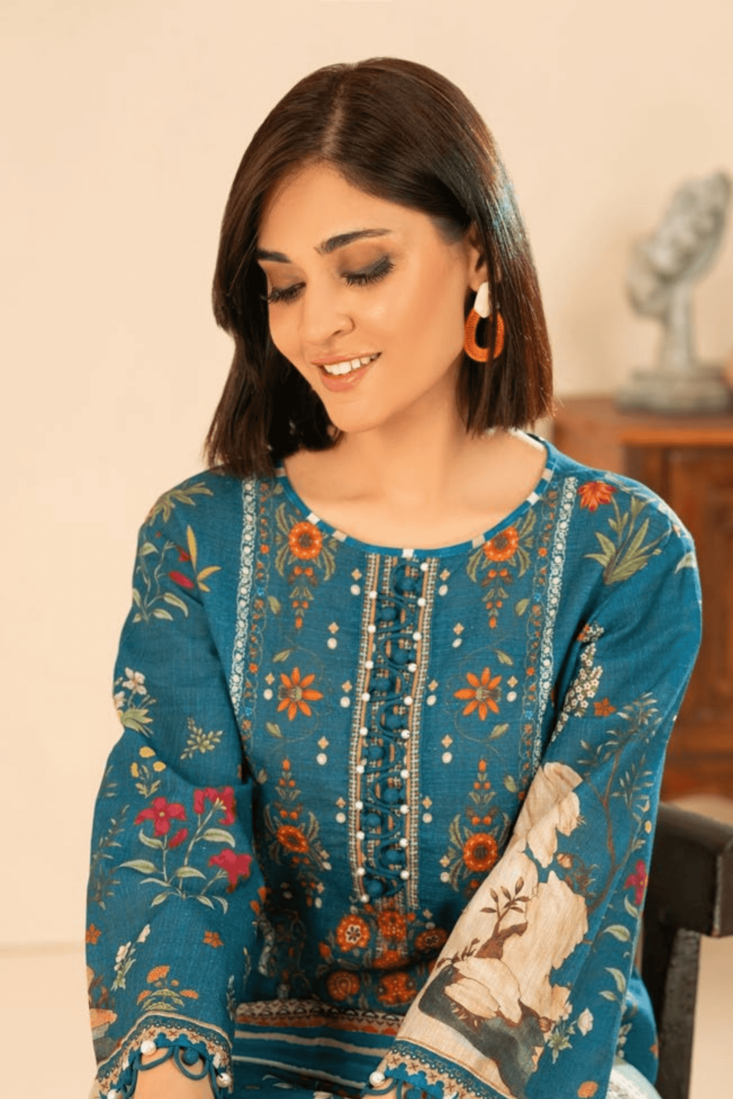3 Pieces - GulAhmed Unstitched Blue Printed Khaddar Suit
