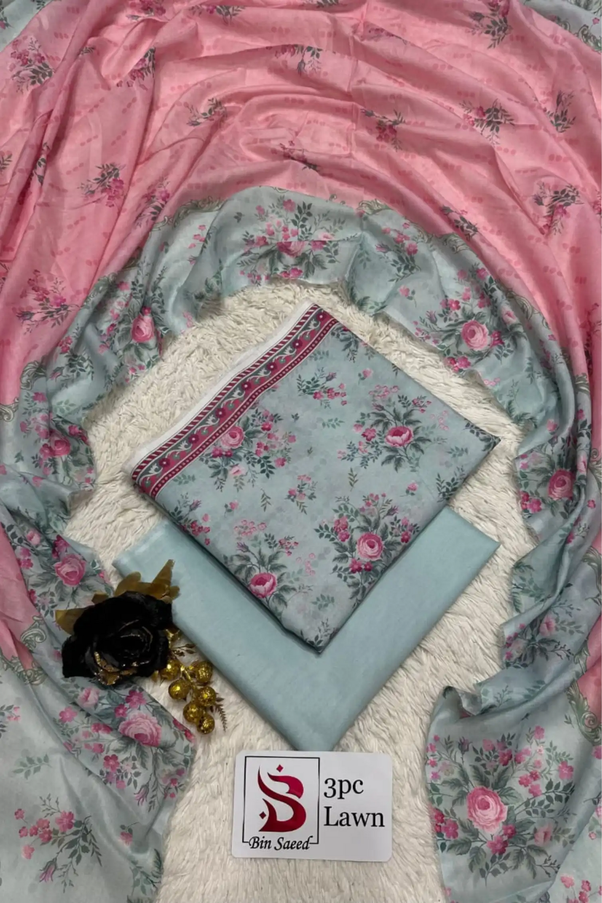 3 Pieces - Bin Saeed Unstitched Sky Blue Ladies Lawn Suit